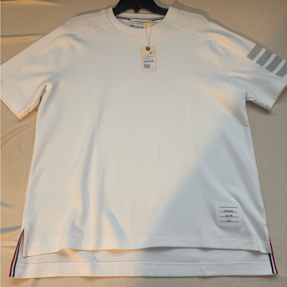 Thom Browne White Short Sleeve Tee with Stripe Detail
